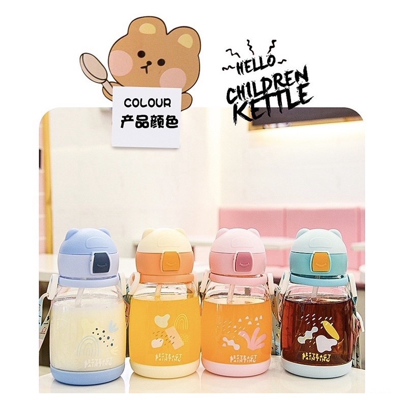Bình Nước Nhựa 600ML Kèm Ống Hút Và Dây Đeo Dễ Thương Sáng Tạo Cho Học Sinh