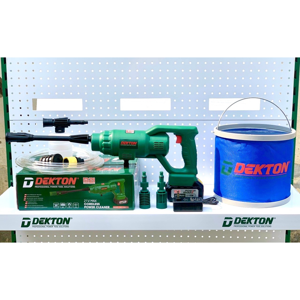 Máy rửa xe pin Dekton 21v chính hãng siêu mạnh chân pin phổ thông tặng kèm xô đựng nước