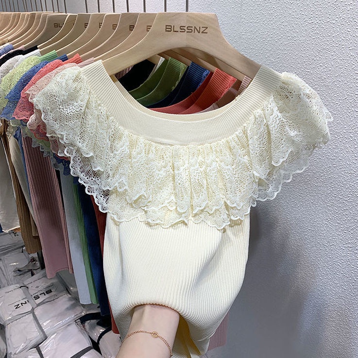 Áo Dệt Kim Tay Ngắn Phối Ren Thời Trang Cho Nữ
