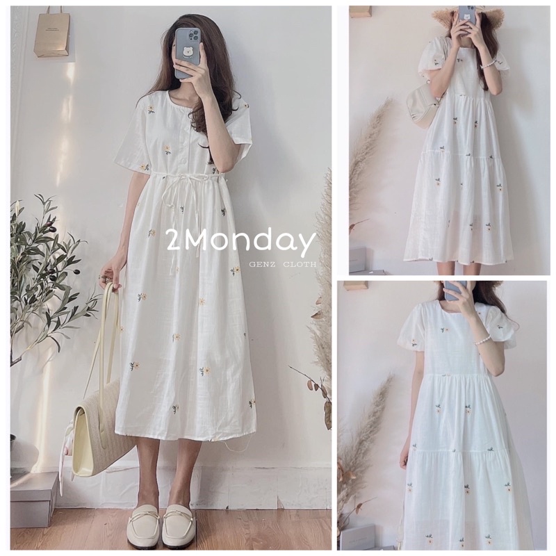 [Ảnh thật/Video] Đầm váy hoa cúc vàng tay bồng lụa hàn mềm mịn xinh