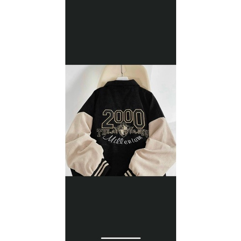 Áo Khoác Bomber Nhung Gân logo thêu 2000 unisex form rộng uzzlang
