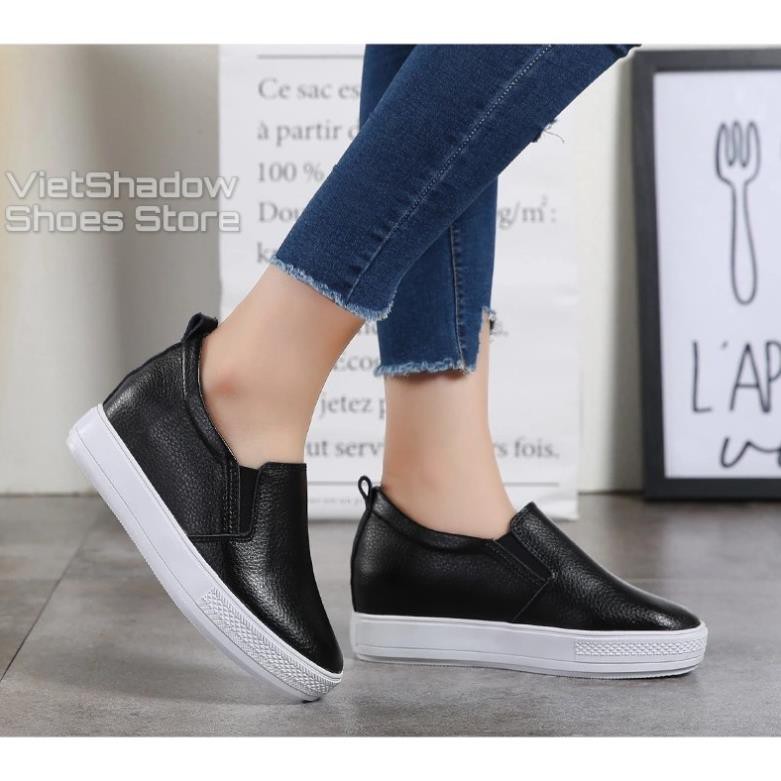 Slip on da nữ độn đế - Giày lười da nữ đế xuồng - Chất liệu da bò màu (trắng) và (đen) - Mã SP: 9909/9910 -b11