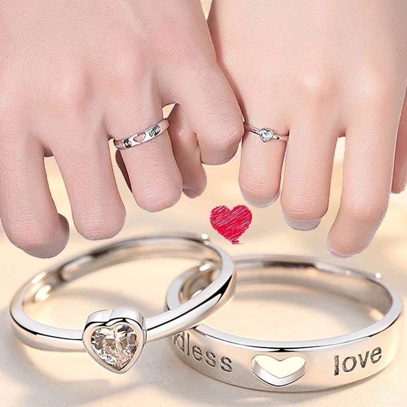 Nhẫn Hở Mạ Bạc Đính Đá Hình Trái Tim Cho Cặp Đôi