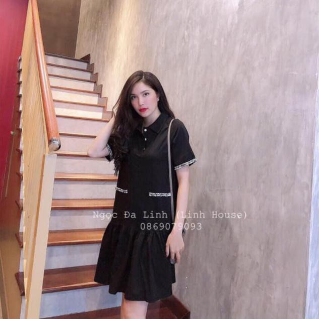 (ảnh thật) ĐẦM ĐEN CHÂN CÁ PHỐI VIỀN DẠ , CỔ BẺ CÀI NÚT.