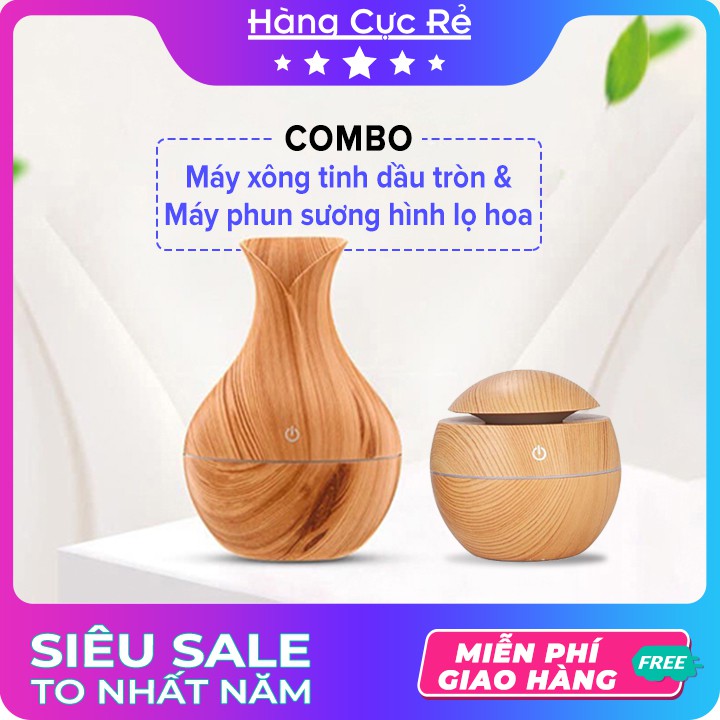 Combo 1 Máy xông tinh dầu tròn + 1 Máy phun sương hình lọ hoa - Trọn bộ cao cấp làm thơm phòng, ô tô có bảo hành - HCR