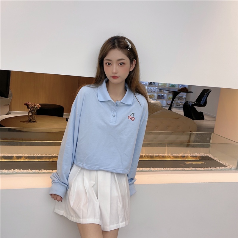 SUXI Áo Thun Polo Tay Dài Dáng Rộng Màu Sắc Đơn Giản Cho Nữ