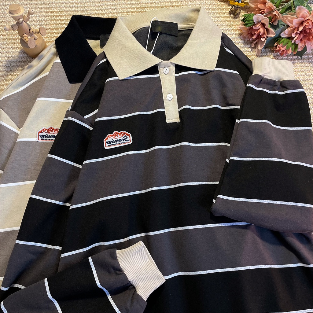 [Hàng Order] Áo Polo sọc đen xám có cổ ULzzang form rộng dài tay dày dặn Unisex mới nhất thu đông 2021 PL012