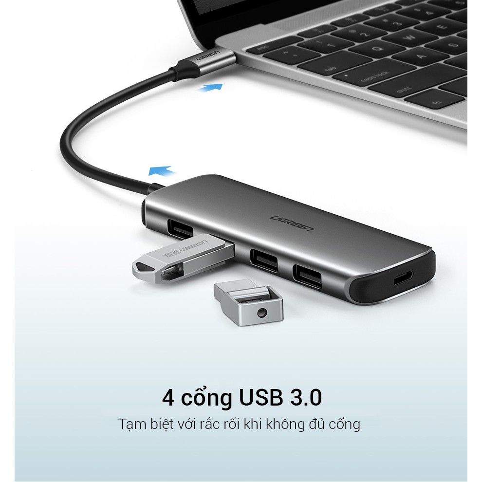 Hub type C 4 cổng USB 3.0 kết nối đa năng, sạc laptop, chuột, bàn phím, thiết bị ngoại vi UGREEN 50312