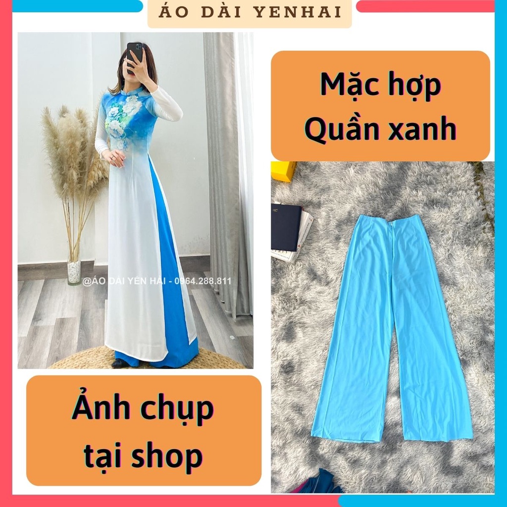Áo dài truyền thống in hoạ tiết hoa nổi nền xanh trẻ trung | D209