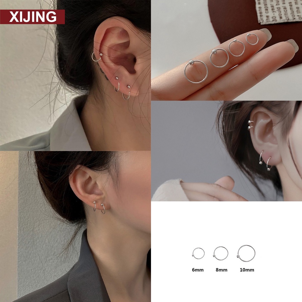 1 Đôi khuyên tai dạng vòng 6-10mm màu bạc xinh xắn phong cách Hàn Quốc