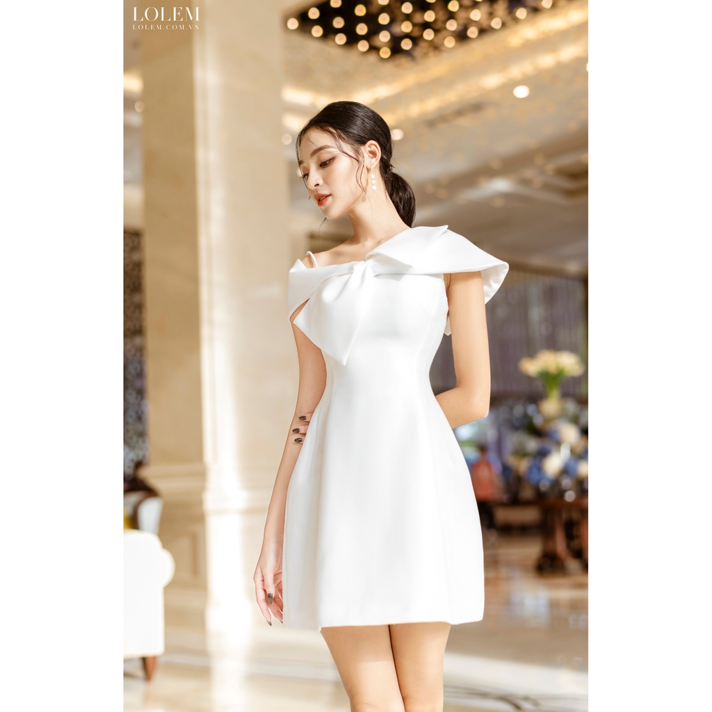 Đầm xòe dự tiệc LOLEM DX328 thiết kế lệch vai phối nơ ngực vải linen Thái thoáng mát