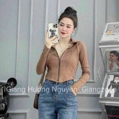 Áo kiểu có nón tay dài viền chỉ gân dây kéo giữa cực xinh , chất thun gân