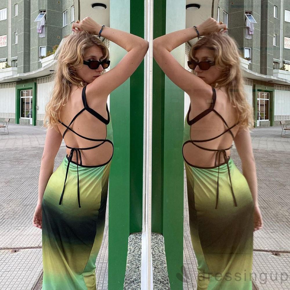 DRE-Women Midi Dress,Suspender Sleeveless Cross Tie-up Bandage Open Back Gradient Contrast Color Dresses