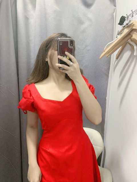 Đầm cổ vuông tim đỏ đen tay nơ - Nemo Dress | BigBuy360 - bigbuy360.vn
