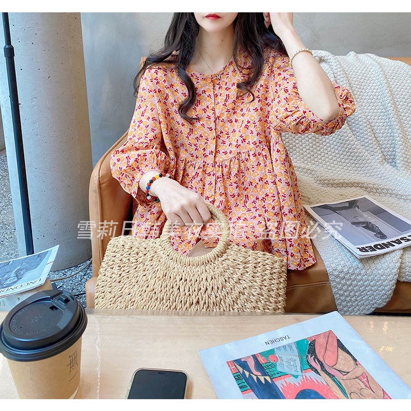 Áo Sơ Mi Tay Phồng 3/4 Vải Cotton Lanh Cổ Tròn Dáng Rộng In Họa Tiết Hoa Thời Trang Mùa Hè Hàn Quốc Dành Cho Nữ