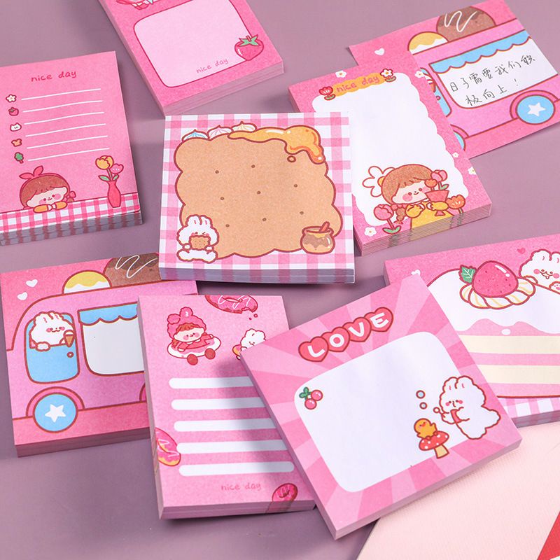 Note ghi chú cô gái, thỏ hồng bánh kem dễ thương/ Tệp note ghi nhớ, note sticker chủ đề màu hồng giá sỉ rẻ làm quà tặng