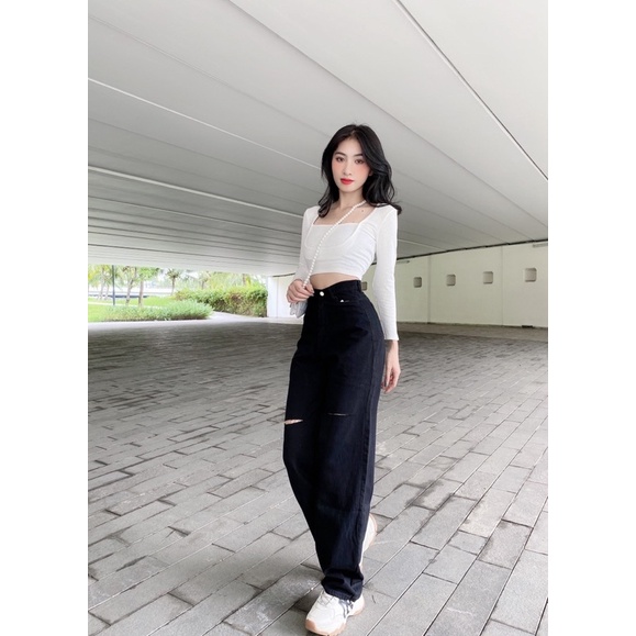 Quần jean ống suông đen rách đùi cá tính mã 3131BI, hình thật 100%