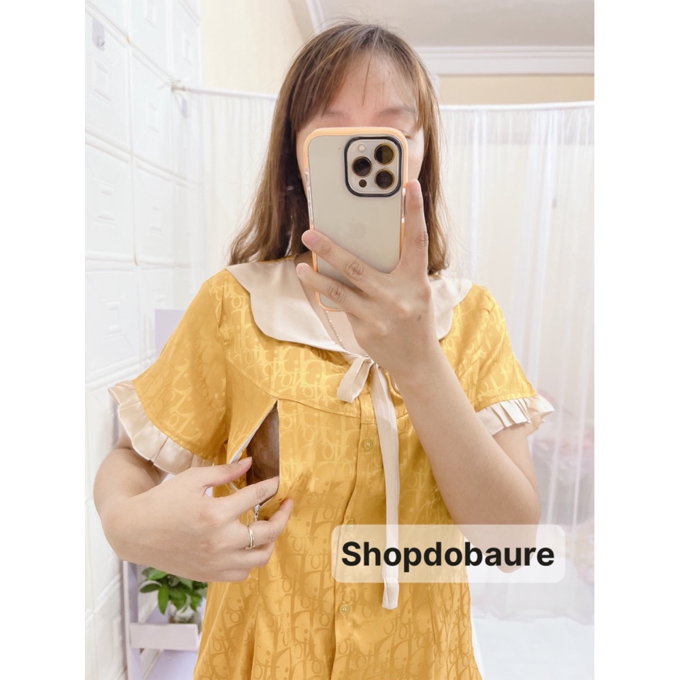 Bộ lụa gấm bầu và sau sinh áo cộc quần lửng MÙA HÈ sang xịn mịn có Nơ cổ - (BL10)