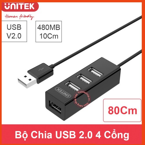 Hub USB 2.0 1 ra 4 cổng dây dài 80cm UNITEK Y-2140 - Hàng Chính Hãng