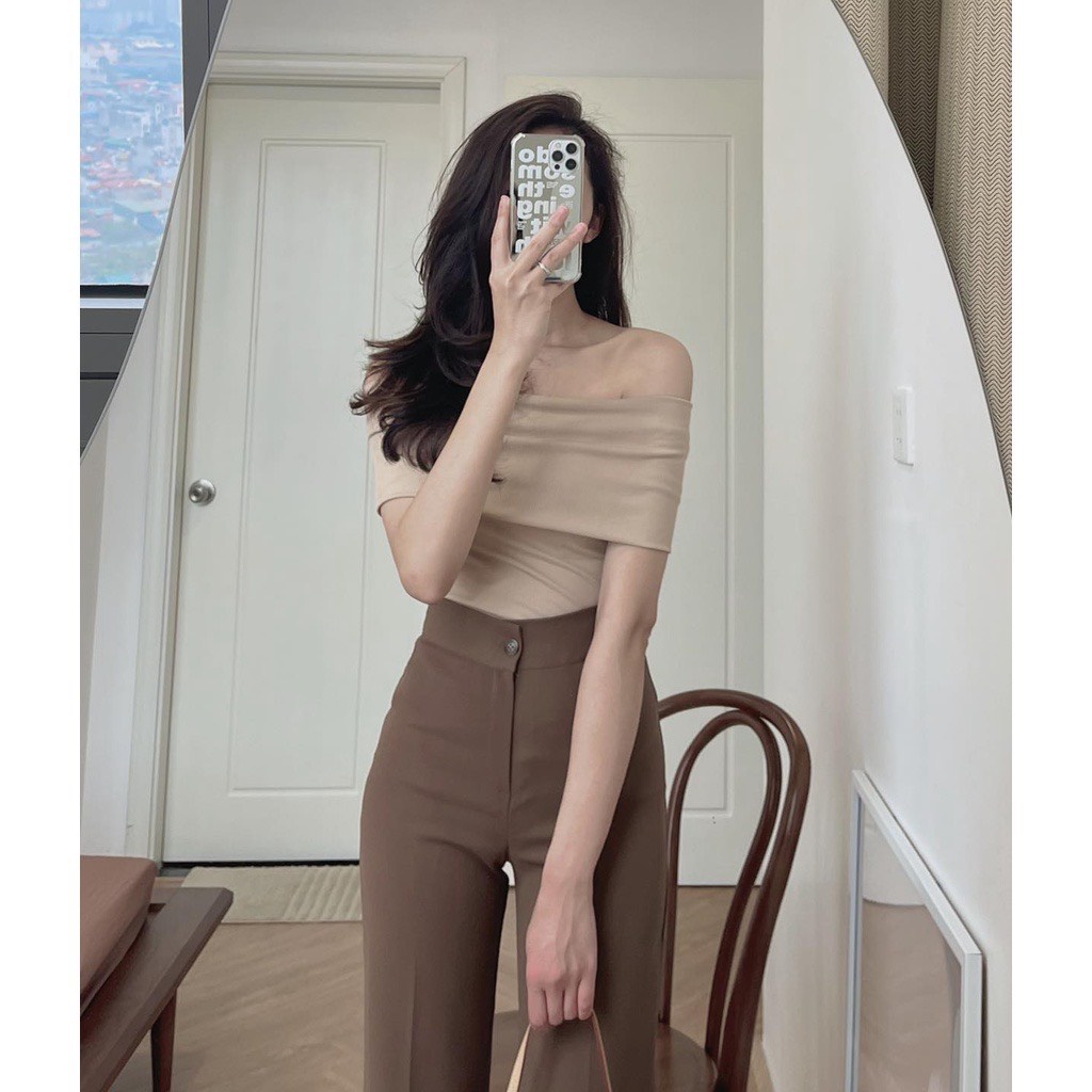 (Sẵn/ảnh thật ) Áo len thun tăm trễ vai cộc tay ngang bản to loại 1