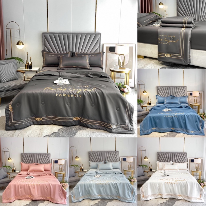 Bộ ga gối lụa chăn trần Marlas Original mềm mại sang trọng,bộ lụa 4 món chăn trần thoáng mát mềm mại