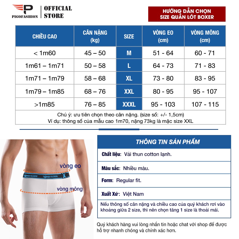 [Mã LTBAUAB19 giảm 7% đơn 99K] Combo 3 quần lót boxer nam cotton cao cấp Pigofashion QLPG03 nhiều màu