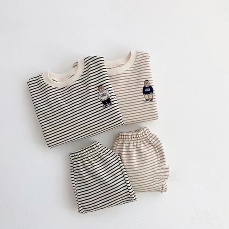 Set Đồ Thể Thao Hai Mảnh Gồm Áo Sweater Kẻ Sọc Và Quần Dài In Hình Gấu Hoạt Hình Phong Cách Hàn Quốc Thời Trang Xuân Thu Cho Bé Gái 80VC
