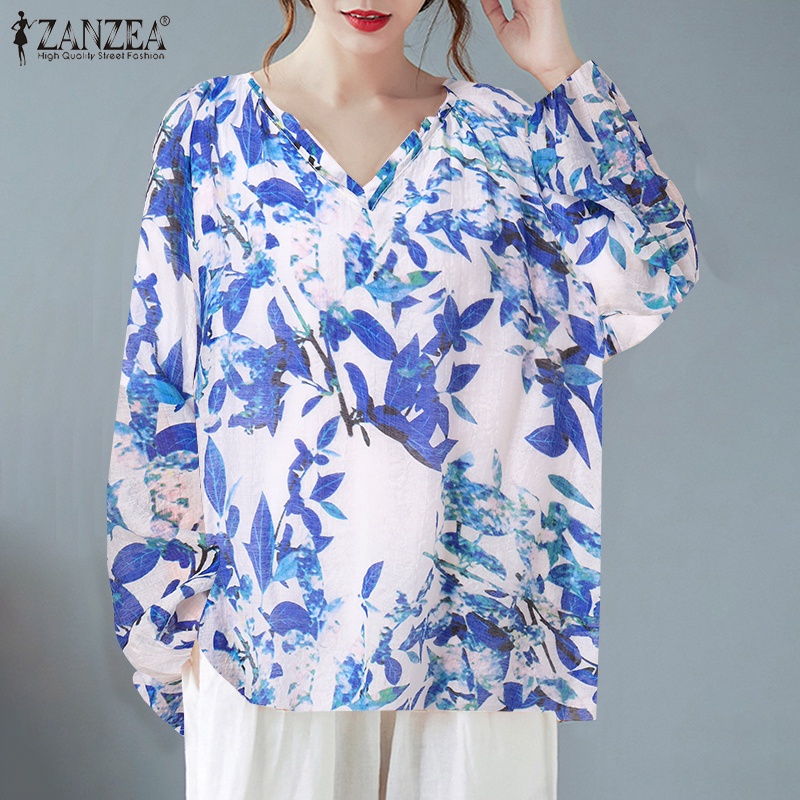 Áo dáng dài ZANZEA dáng rộng tay dài cổ chữ V cổ tay co giãn in họa tiết vintage thời trang cho nữ