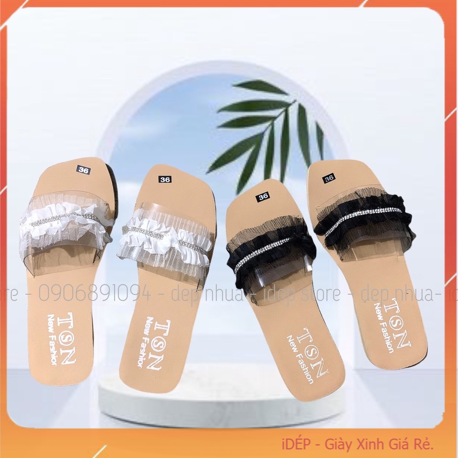 Dép nữ quai ngang trong bèo nhun nhúm đính cườm đế gỗ iDép- DL147