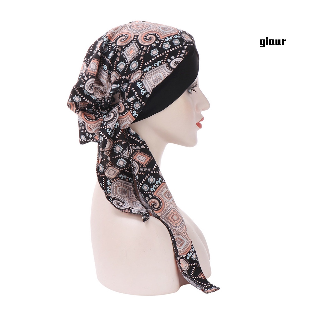 Mũ Turban Trùm Đầu Bằng Vải In Hoa Có Đuôi Dài Thời Trang Cho Nữ