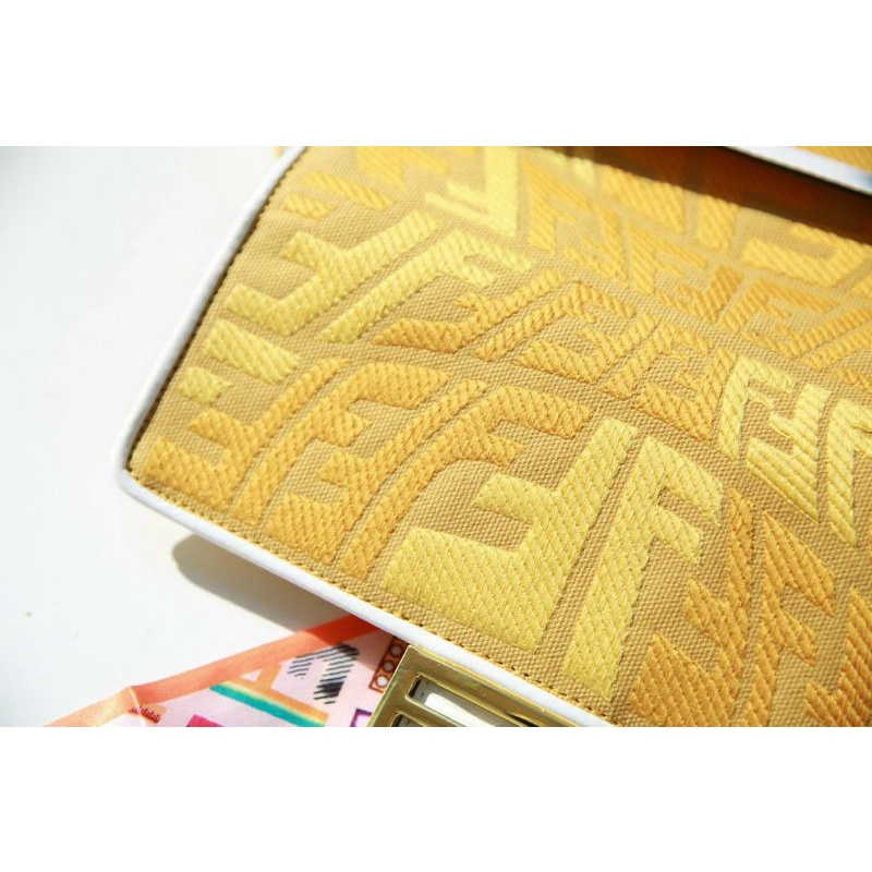 Túi xách vải dệt thêu Fendii FF mix màu rêu nâu vàng