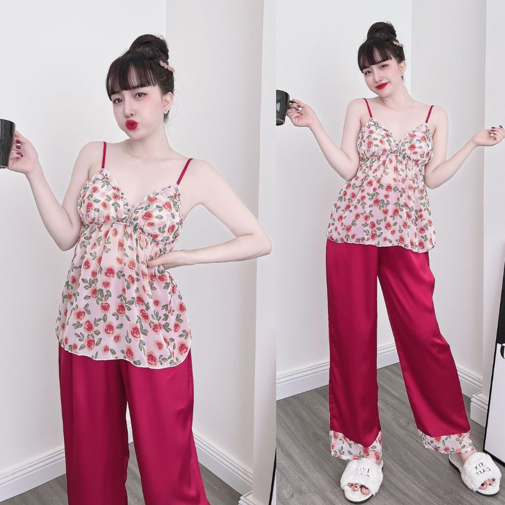Đồ ngủ nữ mút ngực MIKY, Đồ ngủ sexy lụa Chiffon phối Satin cao cấp mềm mại xinh xắn &lt; 63KG