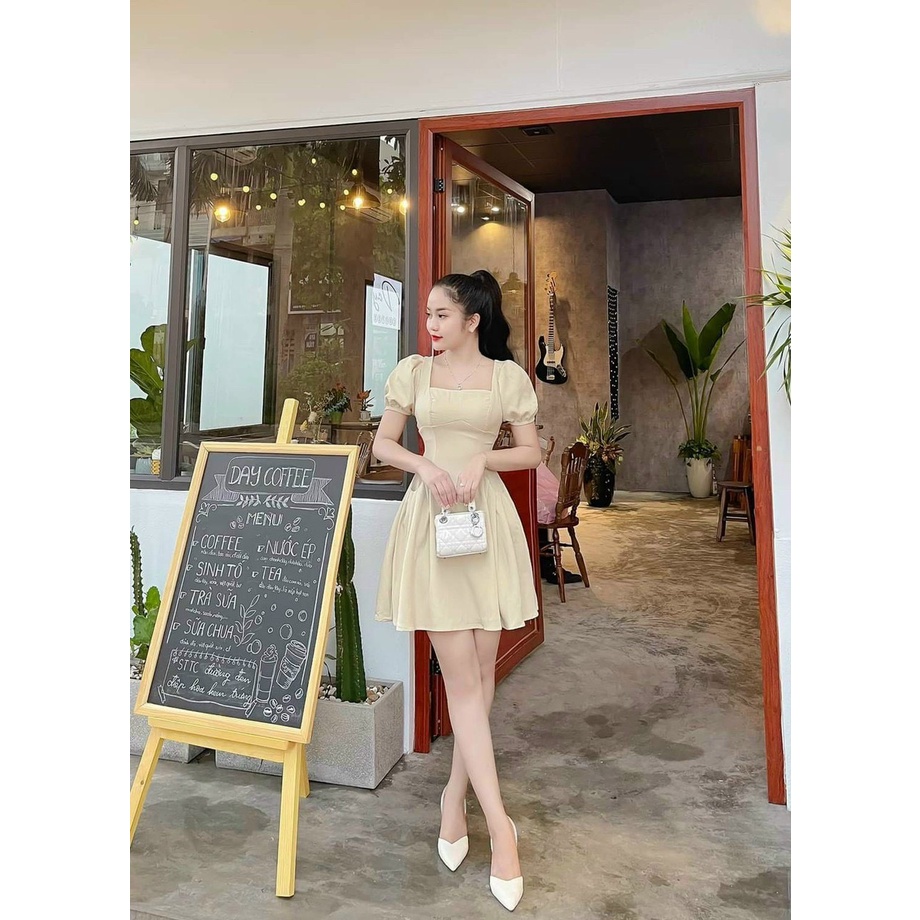 Đầm nữ thời trang mặc đi chơi chất for mềm cổ vuông tay ngắn váy xếp ly có mút xinh xắn