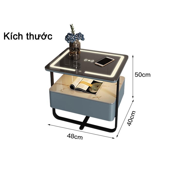 Tủ Kệ Đầu Giường 2 Tầng Công Nghệ Khoá Mật Khẩu -Đèn Led 3 Màu - Xạc Điện Thoại Không Dây Hiện đại và thông minh