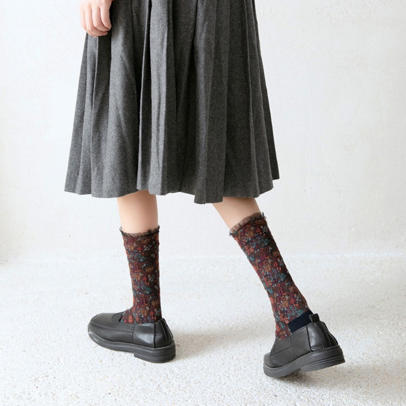 Youyo Vớ Ống Lửng Vừa Họa Tiết Hoa Văn Dân Tộc Nhiều Màu Sắc Phối Bèo Ngọt Ngào Vintage Harajuku Lolita Nhật Bản
