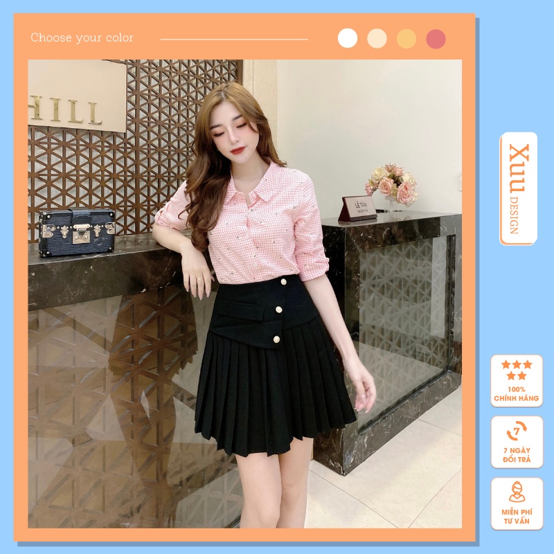 Áo sơ mi nữ công sở Xuu Design, Áo sơ mi nữ tay ngắn kẻ cổ sen chất vải đẹp [BS11 caro Hồng]