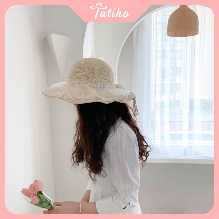 Mũ Cói Unisex Nữ, Nón Cói Vành Rộng Chất Liệu Cao Cấp Họa Tiết Phối Voan Nơ Ren Phong Cách Vintage Đi Biển - Mã NC028