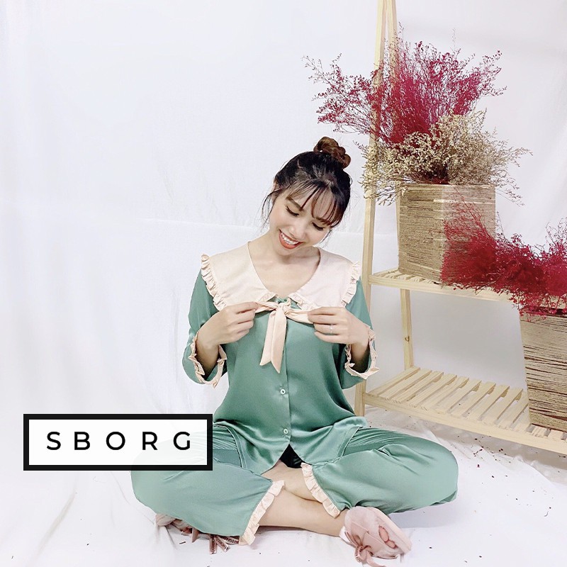 Đồ bộ nữ SBORG kiểu cute mặc nhà chất lụa satin cổ bèo nơ tay dài viền dún có túi freesize quà tặng vợ