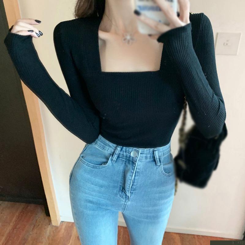 Áo thun dệt kim dáng ôm màu sắc đơn giản phong cách Hàn Quốc cho nữ