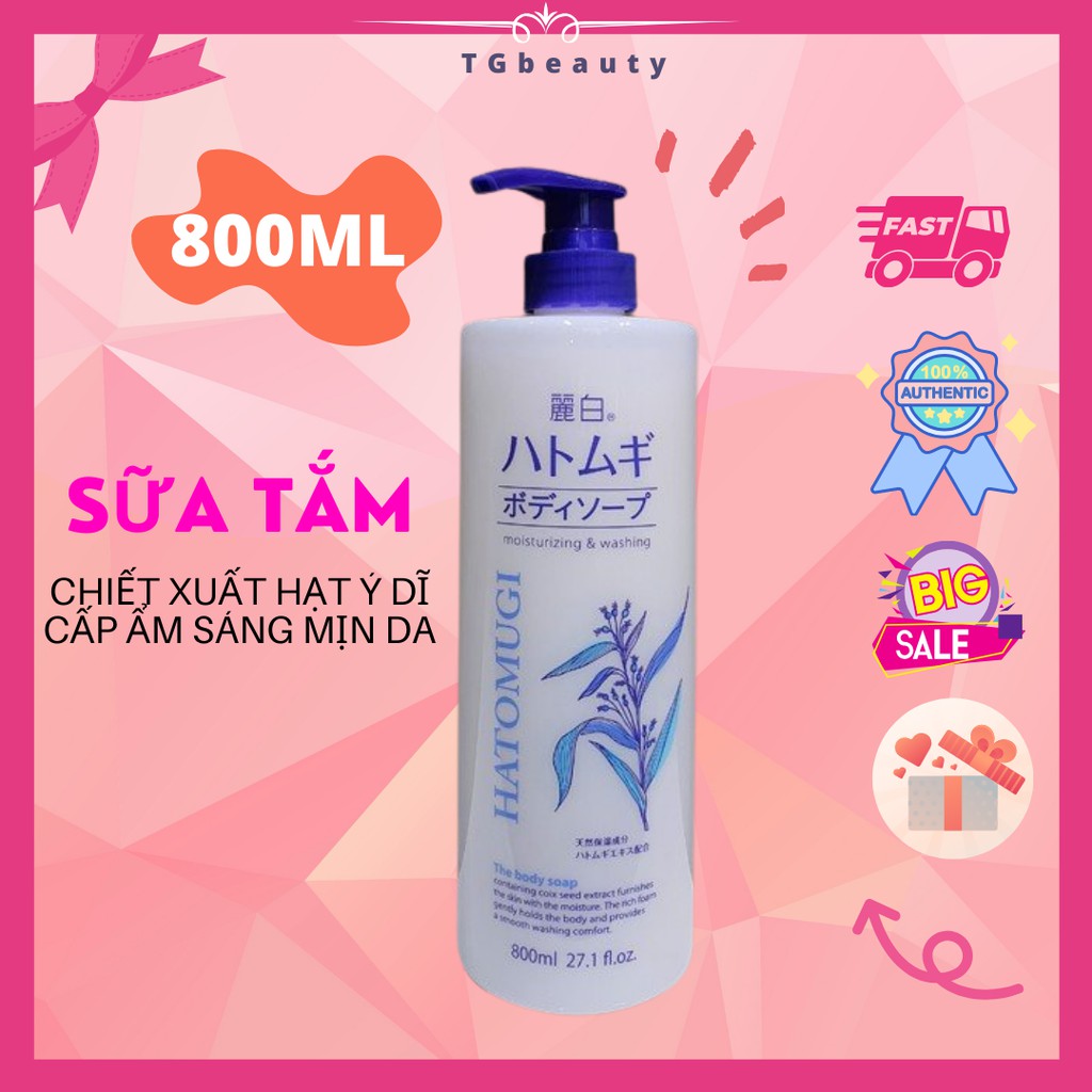 Sữa Tắm Dưỡng Ẩm, Trắng Da Hạt Ý Dĩ Hatomugi Moisturizing Washing 800ml Nhật Bản