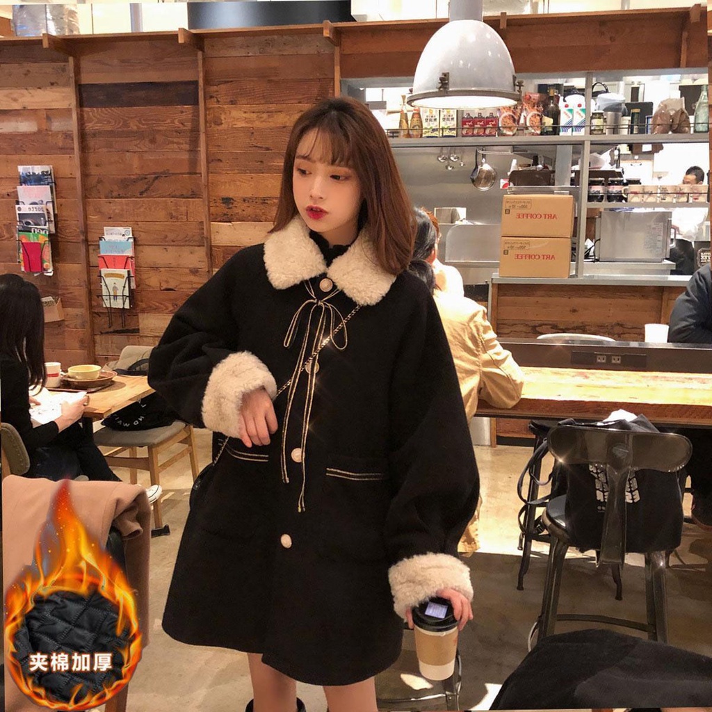 Áo khoác len lông cừu dày dáng rộng thời trang mùa đông cho nữ