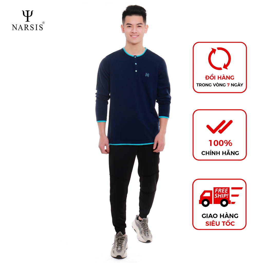 Áo thu đông Nam Narsis D7069 màu xanh tìm than phối xanh ngọc cổ tròn bo nẹp