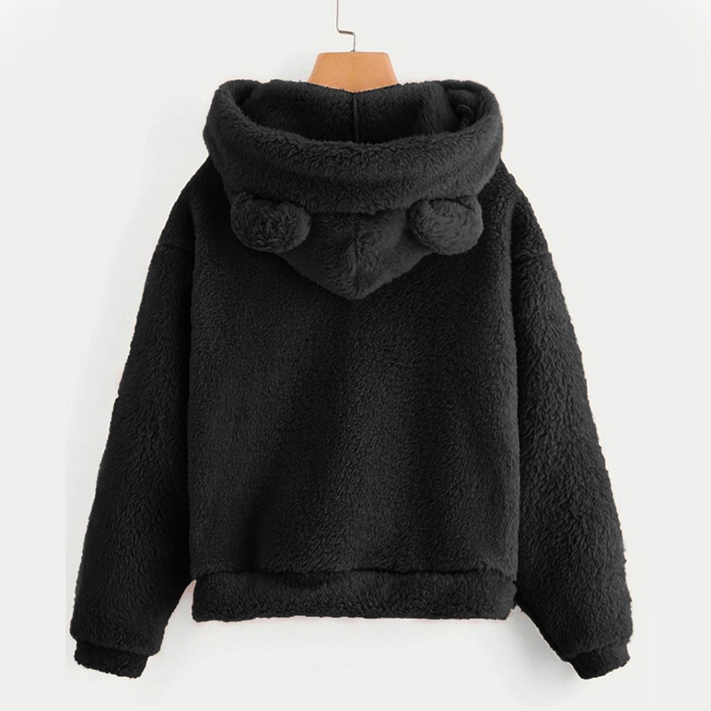 Áo hoodie lông cừu tay dài thiết kế mũ trùm hình tai gấu đáng yêu