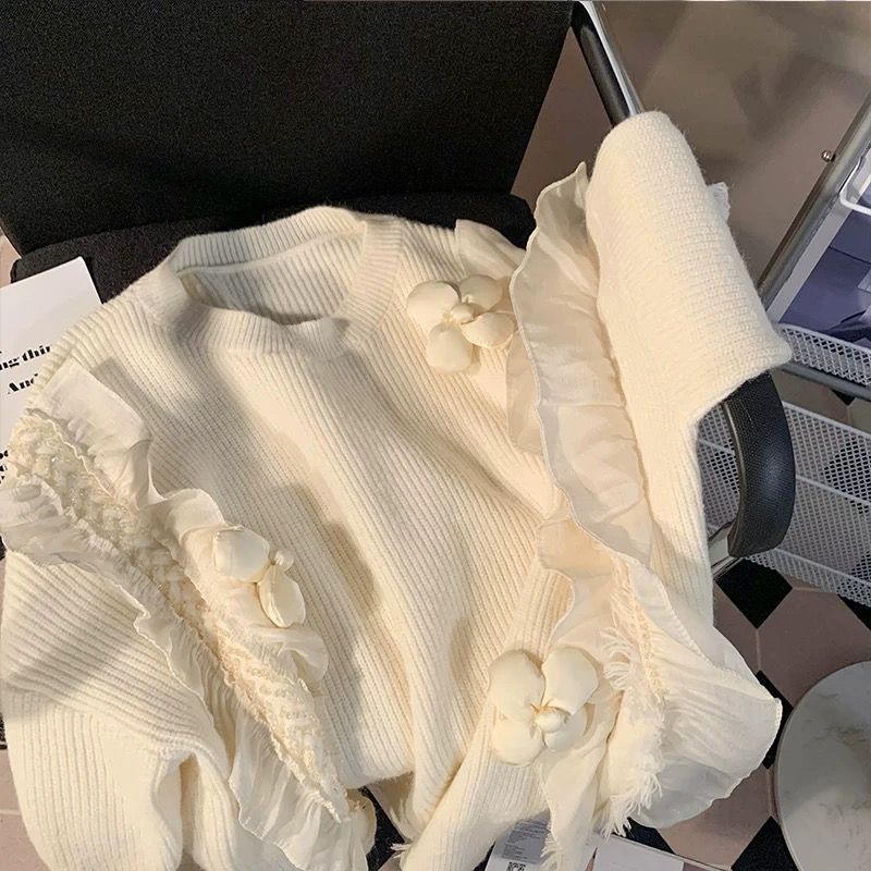 Áo Sweater Dệt Kim Sáp Mềm Dáng Rộng Phối Bèo Phong Cách Ngọt Ngào Thời Trang Mùa Thu