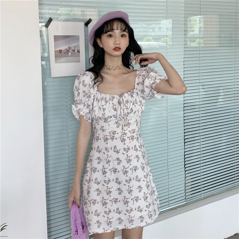 Đầm Xiaozhainv Cổ Vuông Tay Ngắn Họa Tiết Hoa Xinh Xắn Cho Nữ | BigBuy360 - bigbuy360.vn
