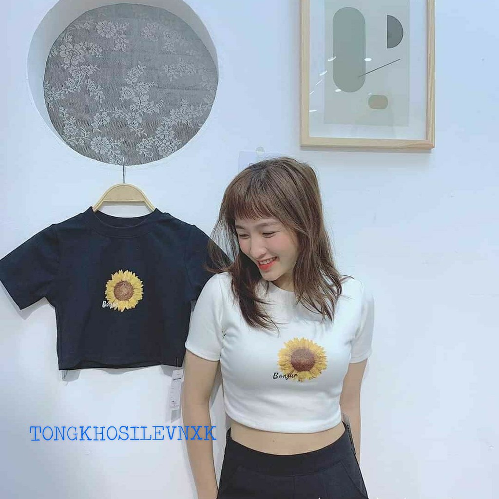 ÁO CROPTOP HOA MẶT TRỜI CHẤT BOZIP HOT 2 MÀU ĐEN TRẮNG