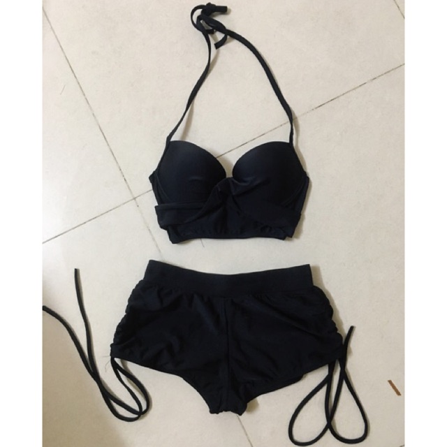 Bikini, đồ bơi 2 mảnh áo crop xoắn ngực mix quần short dây rút màu đen kín đáo (hình chụp thật)
