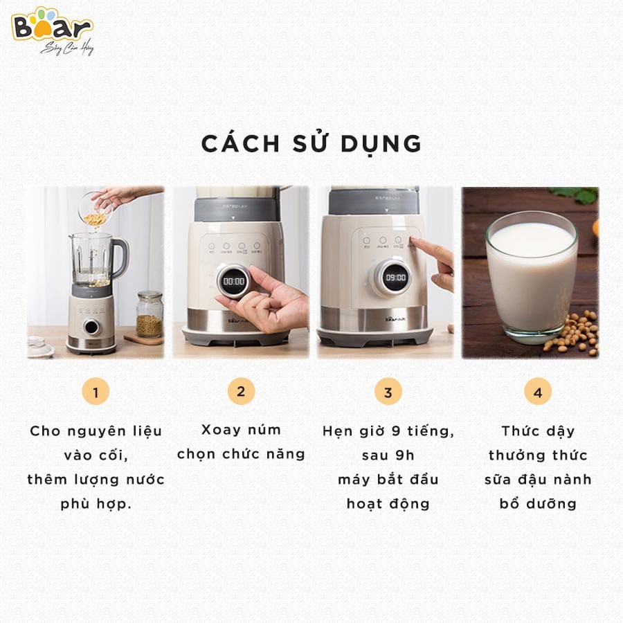 Máy làm sữa hạt, Máy nấu sữa hạt Bear model PBJ-B10U5. 8 chế độ nấu. Hàng Chính Hãng. Bảo Hành 12 Tháng