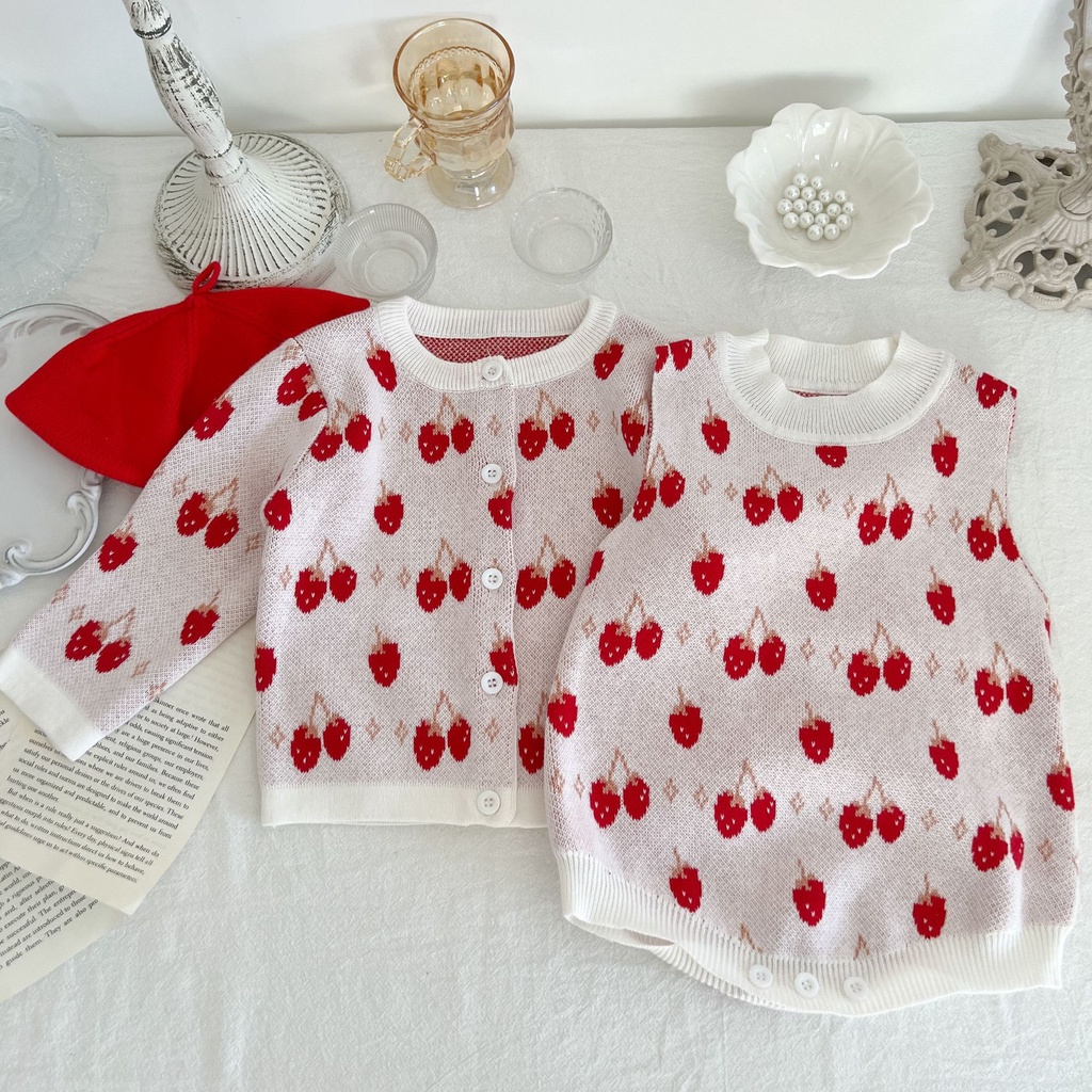 Bộ Áo Cardigan Dệt Kim In Họa Tiết Cherry Dễ Thương Thời Trang Năm Mới Cho Bé Gái 2266