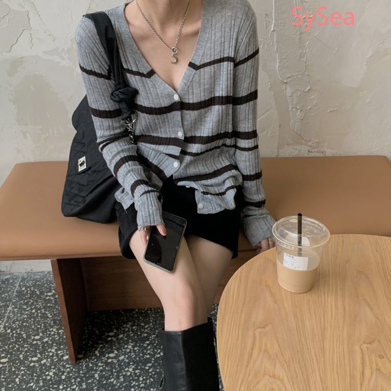 Áo khoác cardigan dệt kim tay dài họa tiết kẻ sọc thời trang mùa hè dành cho nữ